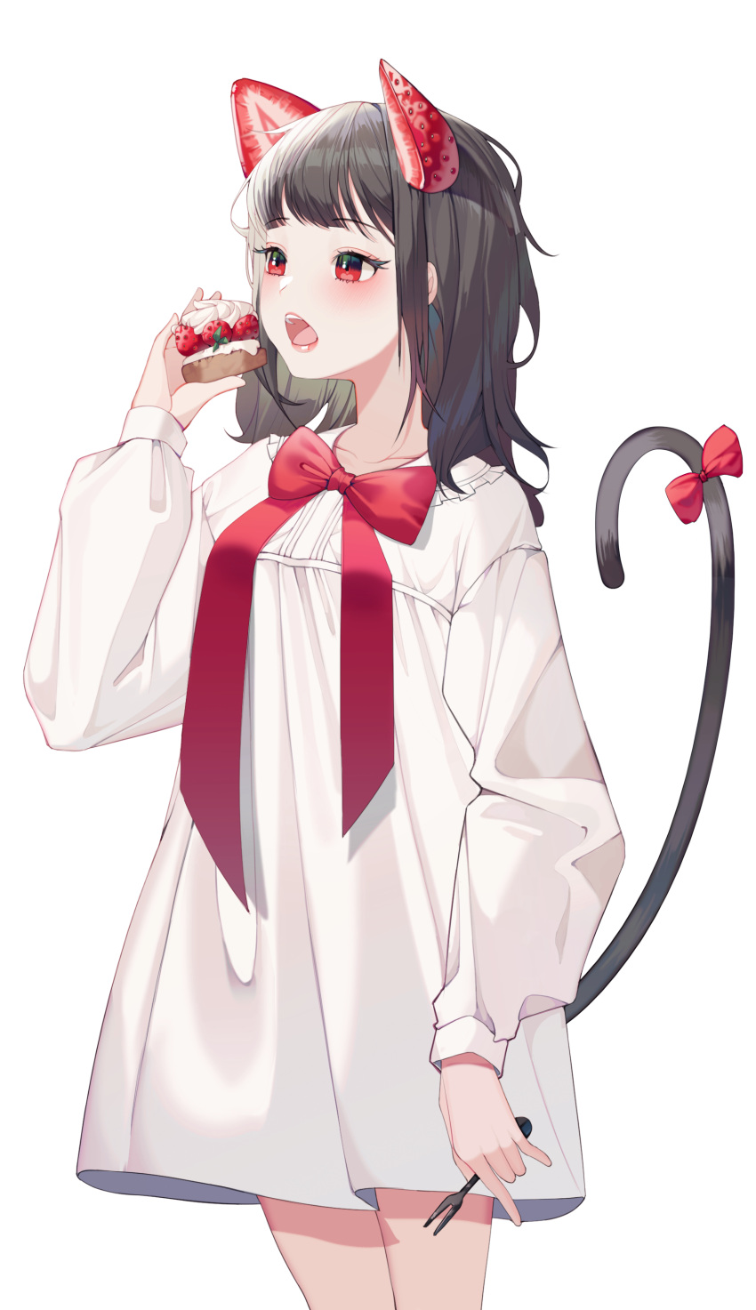1girl absurdres bangs black_eyes black_hair blush bow breasts cake collarbone dress eyebrows_visible_through_hair food fruit hair_fruit hair_ornament hand_up highres holding holding_cake holding_food looking_afar medium_hair open_mouth original red_bow red_eyes shurb simple_background small_breasts solo strawberry tail tail_bow tail_ornament upper_teeth white_background white_dress