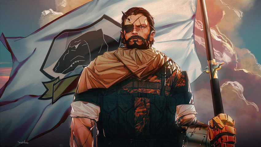 1boy alterab artist_name backlighting beard blue_eyes brown_hair cloak clouds cloudy_sky dawn english_commentary expressionless eyepatch facial_hair film_grain flag highres holding holding_flag horns male_focus mechanical_arm metal_gear_(series) metal_gear_solid_v morning muscular parted_lips prosthesis prosthetic_arm scar scar_across_eye scar_on_arm scar_on_cheek scar_on_face scar_on_nose single_horn sky sleeves_rolled_up solo standing venom_snake widow's_peak