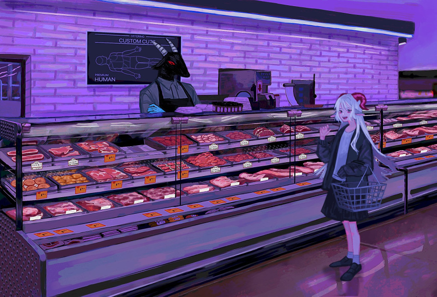 1girl 1other :d animal_ears bangs black_footwear black_jacket black_skirt butcher claw_pose display_case english_commentary goat goat_ears goat_horns highres horns jacket long_hair long_sleeves open_mouth original populamalus puffy_long_sleeves puffy_sleeves raw_meat red_eyes red_horns sharp_teeth shirt shoes skirt smile socks supermarket teeth very_long_hair white_hair white_legwear white_shirt