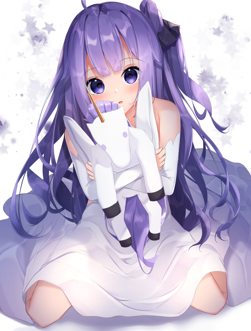1girl absurdres ahoge azur_lane bangs bare_shoulders black_ribbon commentary_request detached_sleeves dress eyebrows_visible_through_hair hair_bun hair_ribbon halterneck highres long_hair long_sleeves looking_at_viewer object_hug one_side_up parted_lips purple_hair ribbon side_bun sitting solo starry_background stuffed_winged_unicorn suisen-21 unicorn_(azur_lane) very_long_hair violet_eyes wariza white_dress white_sleeves