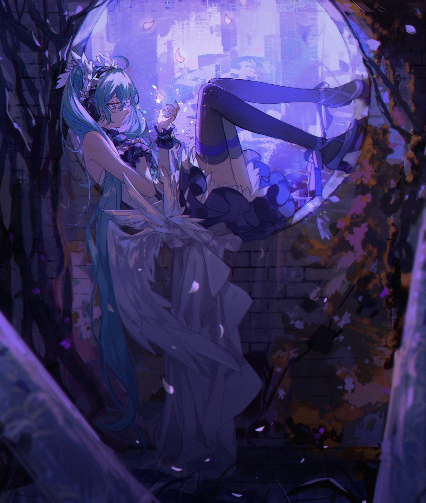 1girl ahoge backlighting bangs black_footwear black_legwear blue_eyes blue_hair brick_wall dress eyebrows_visible_through_hair from_side glowing hand_on_own_chest hatsune_miku headphones high_heels highres kanose layered_dress legs_up lying on_back petals round_window ruins solo symbol_commentary thigh-highs twintails vocaloid white_dress window wrist_cuffs
