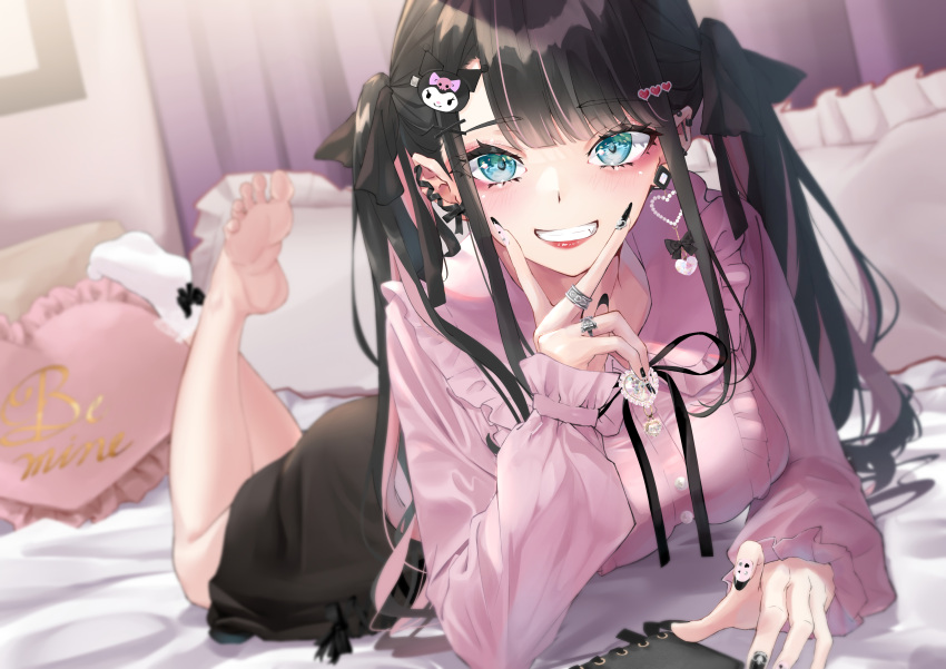 1girl :d absurdres ass bangs barefoot bed bed_sheet bedroom black_hair black_nails black_ribbon black_skirt blunt_bangs blush breasts commentary_request eyebrows_visible_through_hair eyelashes face fang feet feet_up fingernails foreshortening grin hair_ornament hands highres indoors kuromi large_breasts legs_up lips long_fingernails long_hair long_sleeves looking_at_viewer lying medium_breasts mirea multicolored multicolored_nails nail_art nail_polish no_shoes on_bed on_stomach onegai_my_melody open_mouth original pillow pink_nails pink_shirt red_lips revision ribbon shirt sidelocks single_sock skirt smile socks soles solo teeth the_pose toes twintails v_over_mouth white_legwear x_hair_ornament