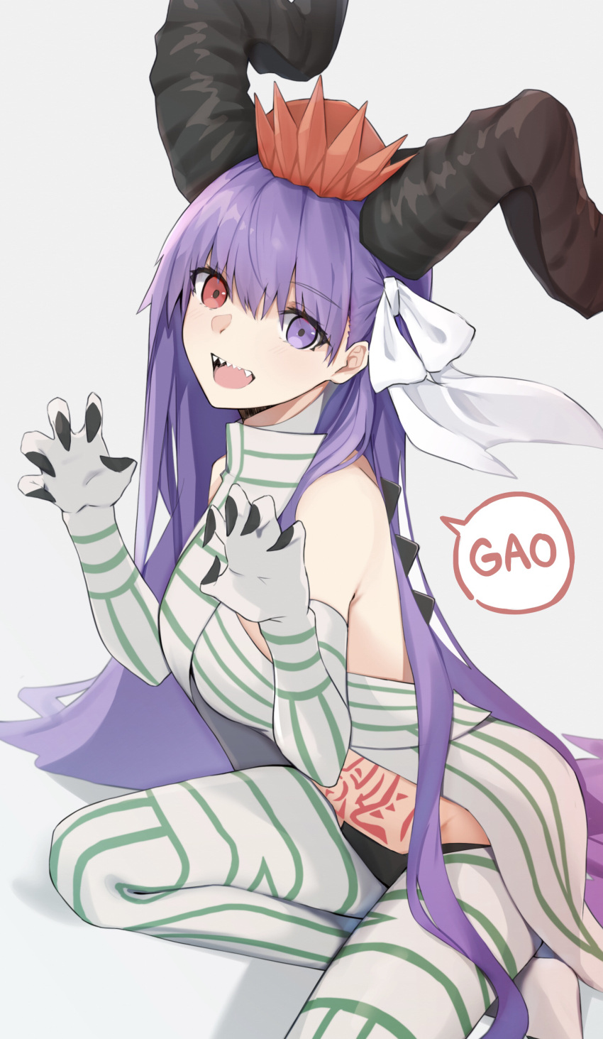 1girl absurdres bangs bare_shoulders bee_doushi blush breasts claw_pose fate/extra fate/extra_ccc fate/grand_order fate_(series) heterochromia highres horns kingprotea long_hair looking_at_viewer open_mouth purple_hair red_eyes sharp_teeth simple_background smile stomach_tattoo tattoo teeth very_long_hair violet_eyes
