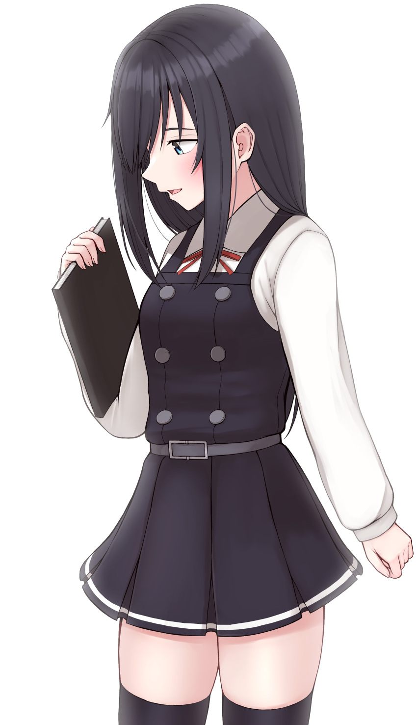 1girl absurdres asashio_(kantai_collection) black_hair black_legwear blue_eyes book commentary_request dress highres kantai_collection long_hair long_sleeves pinafore_dress profile remodel_(kantai_collection) shirt simple_background solo thigh-highs tiemu_(man190) white_background white_shirt