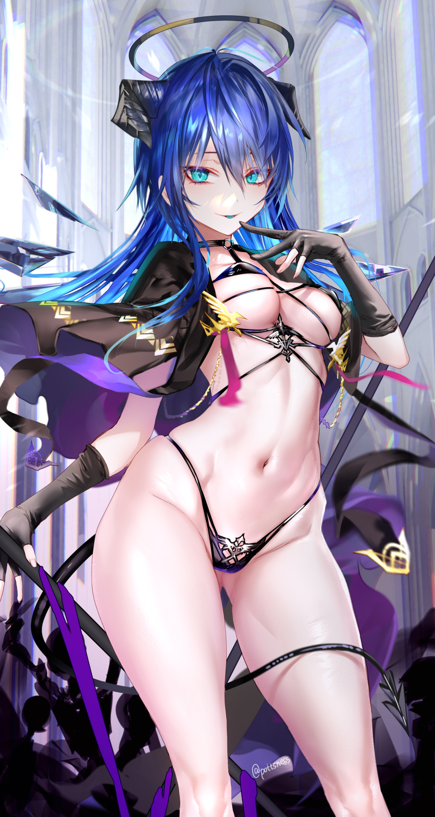 1girl absurdres aqua_eyes arknights ass_visible_through_thighs black_bra black_choker black_gloves black_panties blue_hair bra breasts capelet choker contrapposto finger_to_mouth floating_hair gloves groin halo highleg highleg_panties highres horns long_hair looking_at_viewer medium_breasts mostima_(arknights) mostima_(spellbreaker)_(arknights) navel panties partially_fingerless_gloves pottsness smile solo standing stomach string_panties tail thighs tongue tongue_out underwear