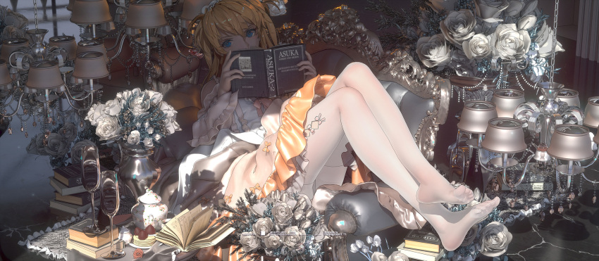 1girl alternate_costume armchair bare_shoulders blonde_hair blue_eyes book bouquet chain chair character_name couch cup dress drinking_glass feet flower frilled_dress frills full_body highres holding holding_book ibara_dance indoors lamp layered_dress long_sleeves looking_at_viewer lying neon_genesis_evangelion no_shoes on_back on_couch open_book pantyhose reading rose solo souryuu_asuka_langley teapot two_side_up white_dress white_flower white_legwear white_rose