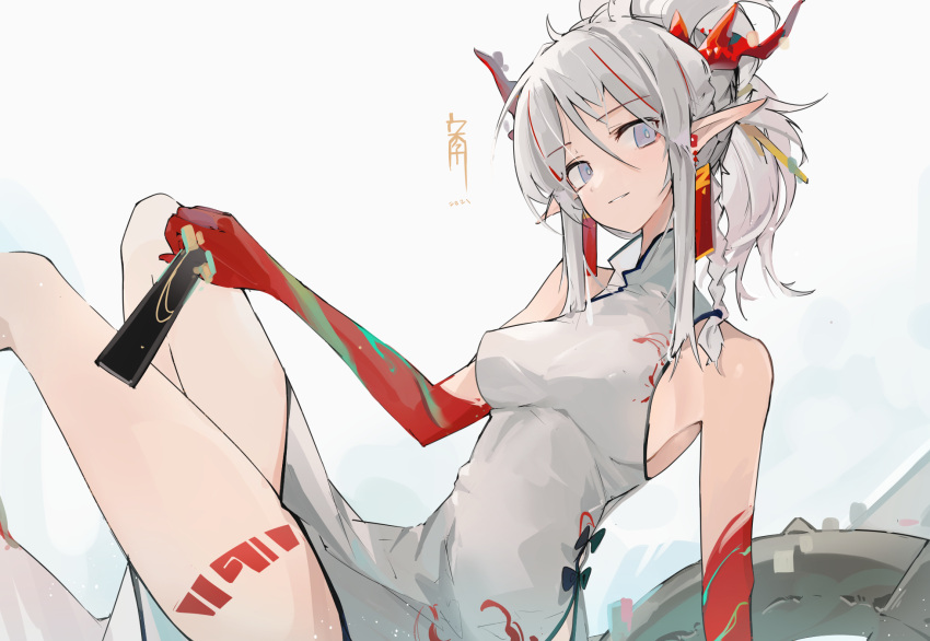 1girl arknights arm_support bangs braid breasts china_dress chinese_clothes commentary_request dragon_horns dragon_tail dress earrings eyebrows_visible_through_hair feet_out_of_frame highres holding horns jewelry looking_at_viewer medium_breasts mikojin nian_(arknights) nian_(unfettered_freedom)_(arknights) official_alternate_costume pointy_ears single_braid smile solo tail tattoo thighs tied_hair violet_eyes white_background white_dress white_hair