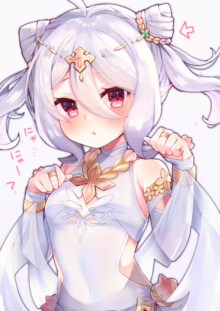 1girl antenna_hair arrow_(symbol) bangs bare_shoulders beniko_(ymdbnk) blush breasts bridal_gauntlets commentary_request covered_navel dress eyebrows_visible_through_hair grey_background hair_between_eyes hands_up highres kokkoro_(princess_connect!) looking_at_viewer parted_lips paw_pose princess_connect! princess_connect!_re:dive red_eyes sleeveless sleeveless_dress small_breasts solo translation_request twintails white_dress white_hair