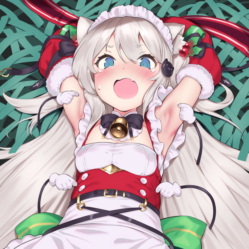 1girl @_@ absurdres animal_ear_fluff animal_ears armpits azur_lane bangs bell blue_eyes breasts cat_ears cat_hair_ornament commentary_request crying crying_with_eyes_open detached_sleeves eyebrows_visible_through_hair fang fur-trimmed_sleeves fur_trim grey_hair hair_ornament hammann_(azur_lane) hammann_(holy_night_surprise!)_(azur_lane) highres holly holly_hair_ornament jingle_bell long_hair lying neck_bell on_back open_mouth pokachu sidelocks skin_fang small_breasts solo swept_bangs tearing_up tears tickle_torture tickling