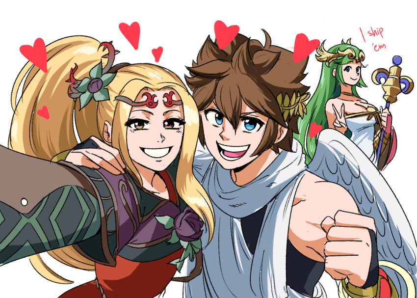 1boy 2girls blonde_hair brown_hair chiton dress flower green_eyes grey_hair jewelry jiangshi_costume kid_icarus kid_icarus_uprising long_hair looking_at_viewer multiple_girls nachure palutena pit_(kid_icarus) smile staff tiara tina_fate v wings