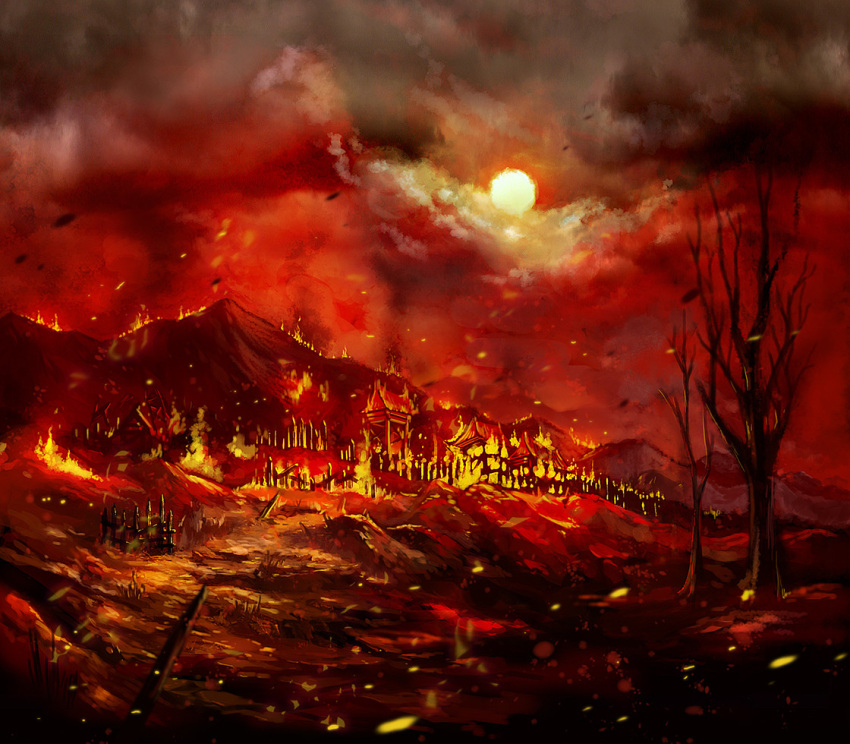 bare_tree building burning clouds destruction embers english_commentary fence fire mountain myungseop_lee no_humans original red_theme smoke sun tree