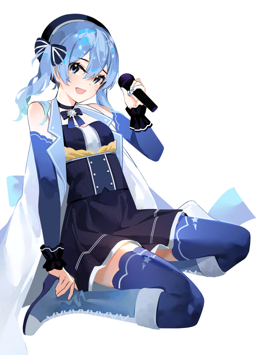 1girl :d absurdres beret blue_eyes blue_hair blue_legwear blue_nails boots bow dress hair_bow hat highres hololive hoshimachi_suisei mania_(fd6060_60) microphone nail_polish open_mouth side_ponytail simple_background sleeveless sleeveless_jacket smile solo star-shaped_pupils star_(symbol) symbol-shaped_pupils thigh-highs virtual_youtuber white_background zettai_ryouiki