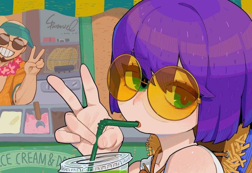 1boy 1girl :d cup disposable_cup drinking_straw fingernails food from_side green_eyes hat hat_around_neck holding_drinking_straw ice_cream looking_at_viewer looking_to_the_side open_mouth orange-tinted_eyewear original parted_lips purple_hair signature smile solo_focus sparrowl straw_hat sunglasses v visor_cap