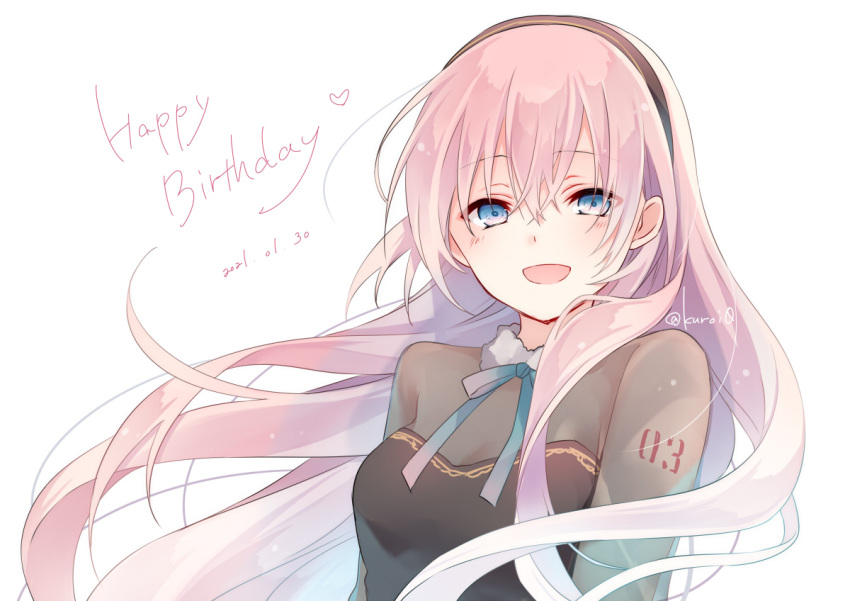 1girl :d bangs black_dress black_hairband blue_eyes blue_ribbon commentary dated dress eyebrows_visible_through_hair floating_hair fur-trimmed_dress fur_trim hair_between_eyes hairband happy_birthday heart kuroi_(liar-player) long_hair looking_at_viewer megurine_luka neck_ribbon open_mouth pink_hair ribbon simple_background smile solo twitter_username very_long_hair vocaloid white_background