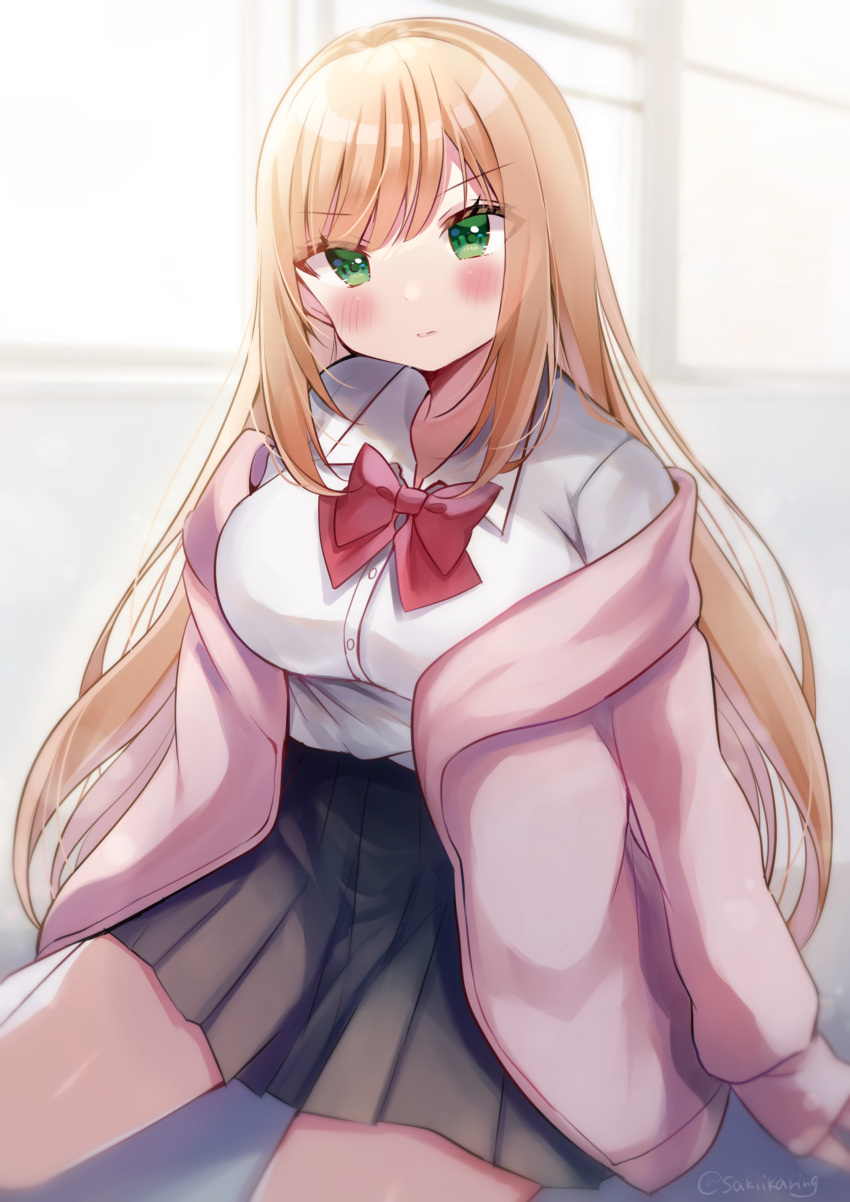 1girl absurdres bangs black_skirt blonde_hair blush bow breasts closed_mouth collared_shirt commentary_request dress_shirt eyebrows_visible_through_hair green_eyes highres jacket long_sleeves looking_at_viewer medium_breasts minami_saki off_shoulder open_clothes open_jacket original pink_jacket pleated_skirt red_bow school_uniform shirt sitting skirt sleeves_past_wrists solo twitter_username v-shaped_eyebrows wariza white_shirt window