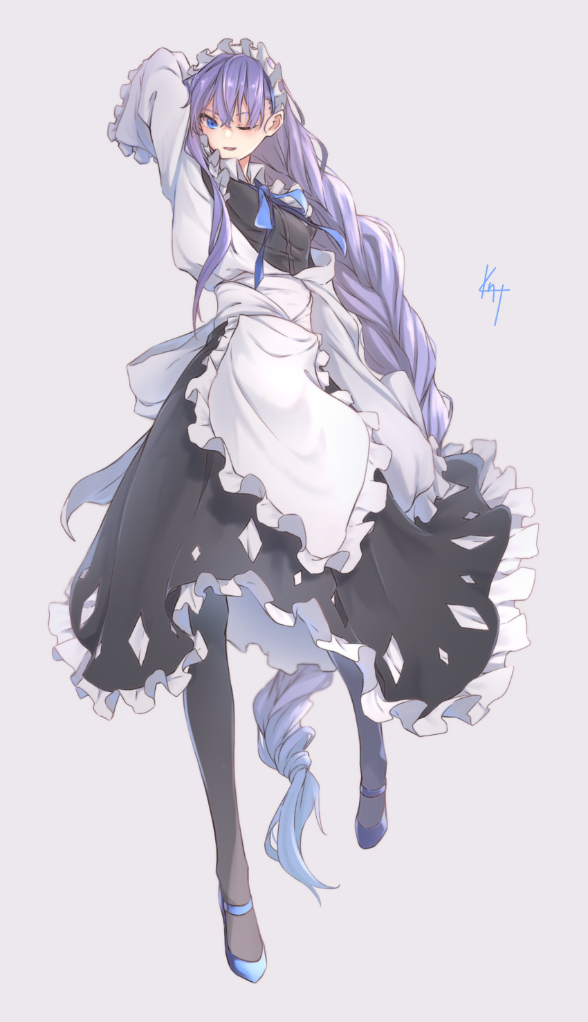 1girl absurdres alternate_costume apron arm_up black_legwear blue_eyes blue_footwear blue_neckwear braid braided_ponytail commentary_request dress enmaided eyebrows_behind_hair fate/grand_order fate_(series) frilled_apron frilled_dress frilled_sleeves frills full_body highres knt_(pixiv52732968) leg_up long_hair long_sleeves maid maid_headdress meltryllis neck_ribbon one_eye_closed open_mouth pantyhose purple_hair ribbon signature simple_background single_braid smile solo very_long_hair waist_apron white_apron