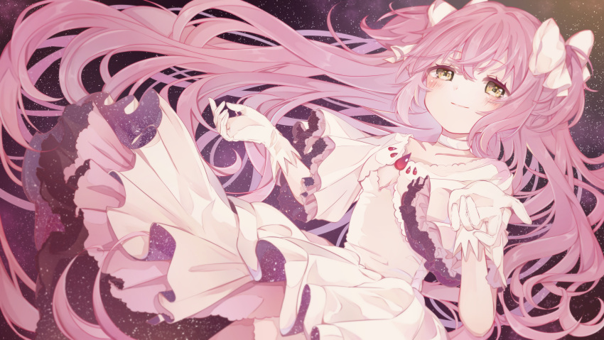 1girl absurdres arms_up blush bow closed_mouth dress floating_hair gloves goddess_madoka hair_bow highres kaname_madoka llatteowo long_hair looking_at_viewer mahou_shoujo_madoka_magica pink_hair short_sleeves sky smile solo star_(sky) starry_sky two_side_up very_long_hair white_dress white_gloves wide_sleeves yellow_eyes