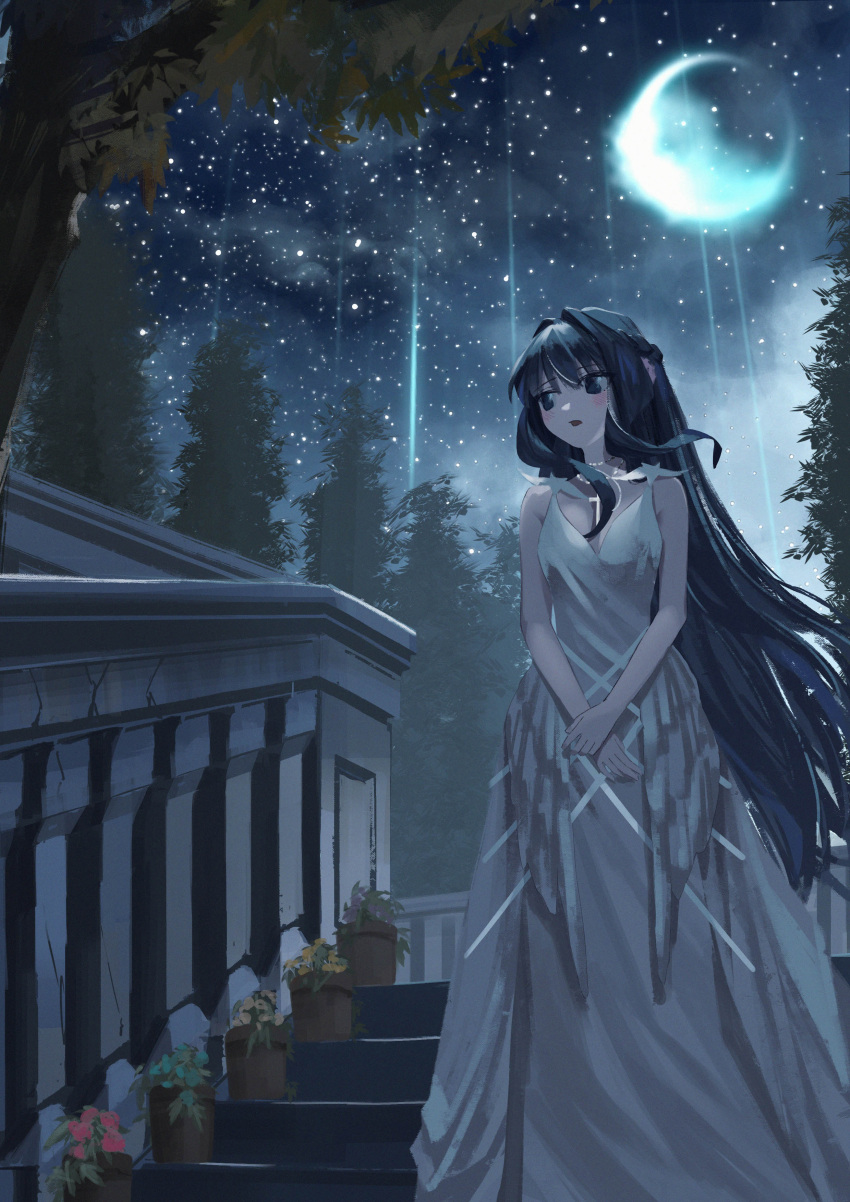1girl absurdres alternate_costume arknights astesia_(arknights) blue_eyes blue_hair blush braid breasts commentary cowboy_shot cross cross_necklace dress eyebrows_visible_through_hair french_braid hair_between_eyes hands_together highres jewelry long_dress long_hair looking_to_the_side medium_breasts moon necklace night night_sky open_mouth outdoors plant potted_plant reesen sky sleeveless sleeveless_dress solo stairs star_(sky) starry_sky tree white_dress