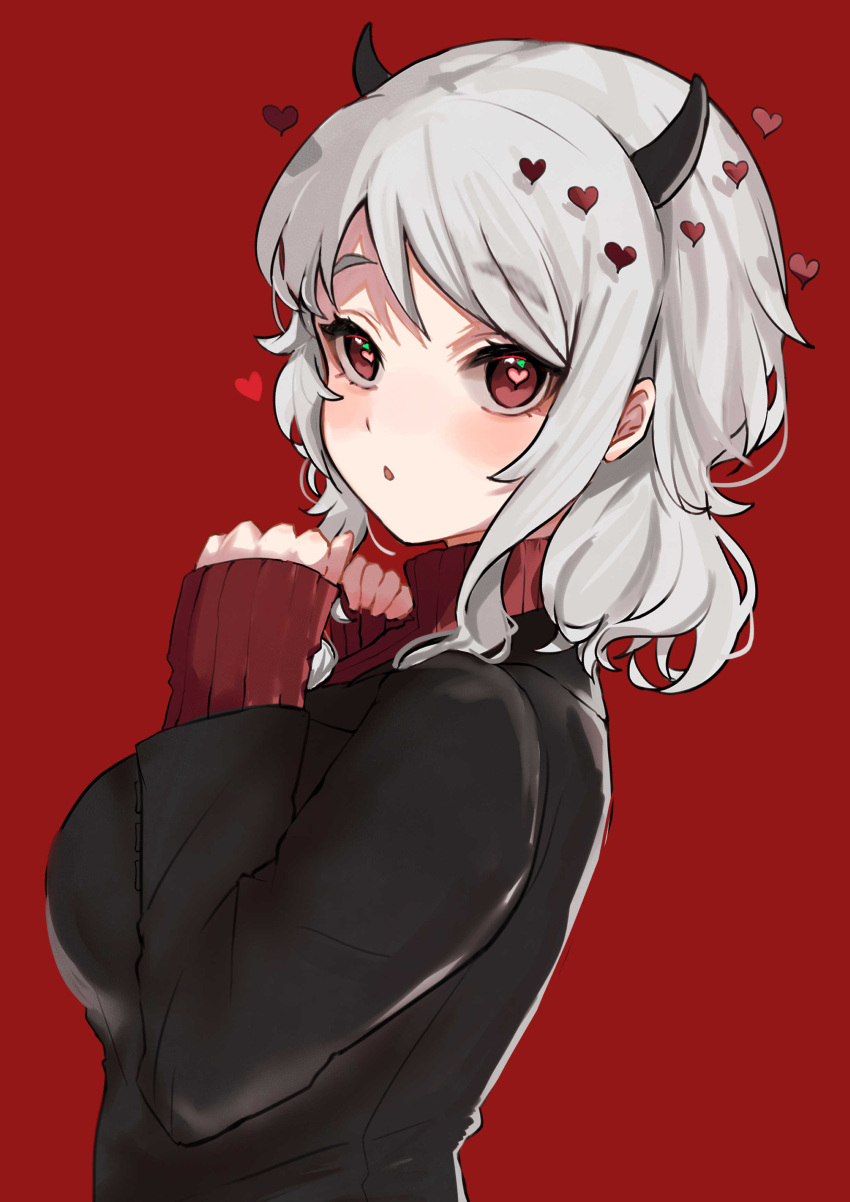 1girl :o absurdres bangs black_jacket blush breasts demon_girl demon_horns eyebrows_visible_through_hair from_side hand_on_own_chest heart heart-shaped_pupils helltaker highres horns jacket long_sleeves looking_at_viewer looking_to_the_side maria_(syake-uni) medium_breasts modeus_(helltaker) parted_lips red_eyes short_hair sidelocks silver_hair sleeves_past_wrists solo swept_bangs symbol-shaped_pupils upper_body