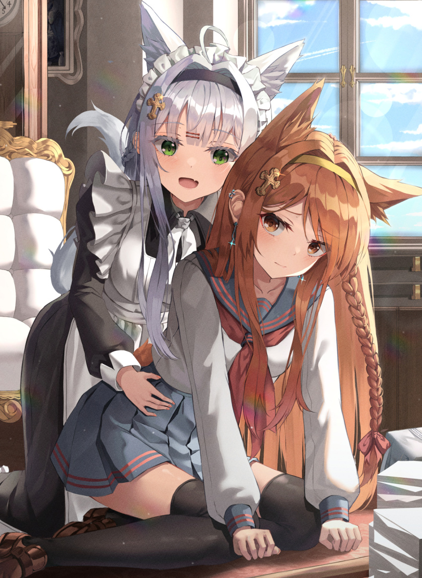 2girls ahoge animal_ear_fluff animal_ears apron bangs black_dress black_legwear blue_skirt blush braid breasts brown_eyes brown_hair chair clouds cloudy_sky collarbone commentary_request day dress earrings eyebrows_visible_through_hair fang fox_ears fox_girl fox_tail green_eyes hair_between_eyes hair_ornament hairband hairclip hand_on_another's_head hand_on_another's_hip highres indoors jewelry kerno kneeling light_particles light_rays loafers long_hair long_sleeves looking_at_another maid maid_apron maid_headdress medium_breasts multiple_girls neckerchief open_mouth original paper_stack pleated_skirt red_neckwear school_uniform serafuku shoes sidelocks silver_hair single_braid sitting skin_fang skirt sky swept_bangs tail thigh-highs wariza white_serafuku window zettai_ryouiki