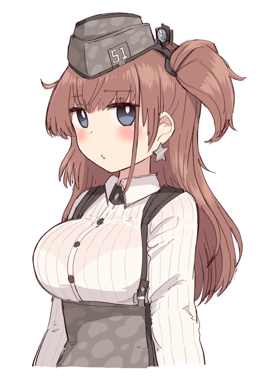 1girl alternate_hairstyle atlanta_(kantai_collection) bangs blue_eyes blush breasts brown_hair camouflage earrings eyebrows_visible_through_hair garrison_cap grey_headwear hat headgear high-waist_skirt highres jewelry kantai_collection large_breasts long_hair long_sleeves one_side_up pout shirt simoyuki simple_background single_earring skirt star_(symbol) star_earrings suspender_skirt suspenders upper_body white_background white_shirt
