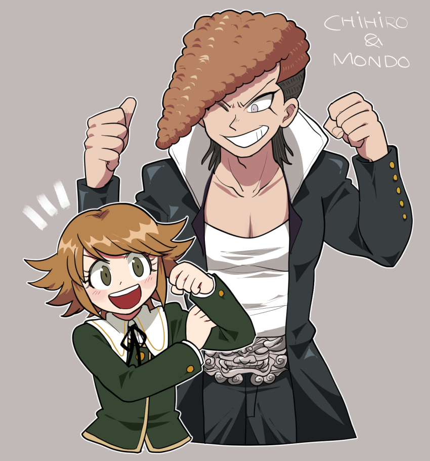 2boys :d bangs belt black_coat black_pants black_ribbon blush brown_hair character_name clenched_hands coat collarbone commentary_request dangan_ronpa:_trigger_happy_havoc dangan_ronpa_(series) flexing flipped_hair fujisaki_chihiro furukawa_(yomawari) green_shirt grey_background grin hand_on_own_arm hands_up highres long_sleeves looking_at_another looking_at_viewer male_focus multiple_boys neck_ribbon one_eye_closed oowada_mondo open_mouth pants pectorals pose ribbon shiny shiny_hair shirt simple_background smile upper_body upper_teeth