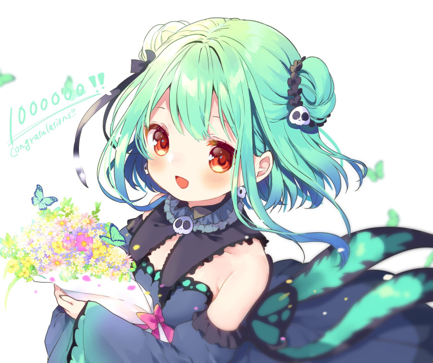 !! aqua_hair bangs blue_dress blue_sleeves blush bouquet bow bug butterfly collar congratulations detached_collar detached_sleeves double_bun dress earrings echigo_shukura flower frilled_collar frilled_dress frills gradient_dress hair_ornament hair_ribbon highres holding holding_bouquet hololive insect jewelry open_mouth pink_bow red_eyes ribbon short_dress short_hair sidelocks skull_earrings skull_hair_ornament smile strapless strapless_dress uruha_rushia virtual_youtuber wide_sleeves