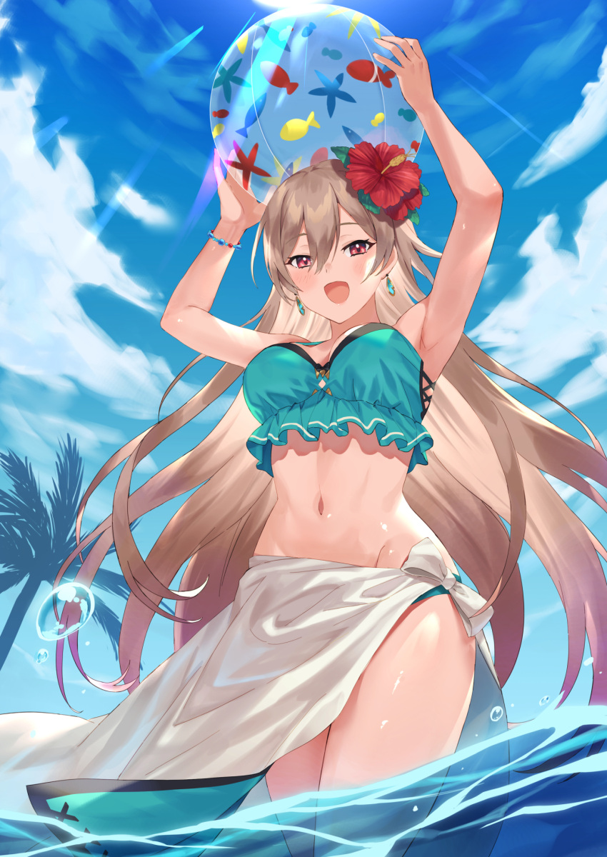 1girl :d aqua_bikini armpits arms_up ball bangs bare_shoulders beachball bikini blue_sky blush breasts brown_hair clouds commentary_request day earrings eyebrows_visible_through_hair flower furen_e_lustario groin hair_between_eyes hair_flower hair_ornament highres holding holding_ball jewelry long_hair looking_at_viewer medium_breasts mosomoso navel nijisanji open_mouth outdoors palm_tree red_eyes red_flower sarong sky smile solo sun sunlight swimsuit transparent tree very_long_hair virtual_youtuber water water_drop