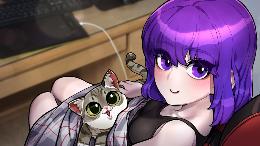 1girl blush cat chair desk drawing_tablet from_above highres keyboard_(computer) looking_at_viewer office_chair on_chair original parted_lips purple_hair sitting smile solo sparrowl tank_top violet_eyes