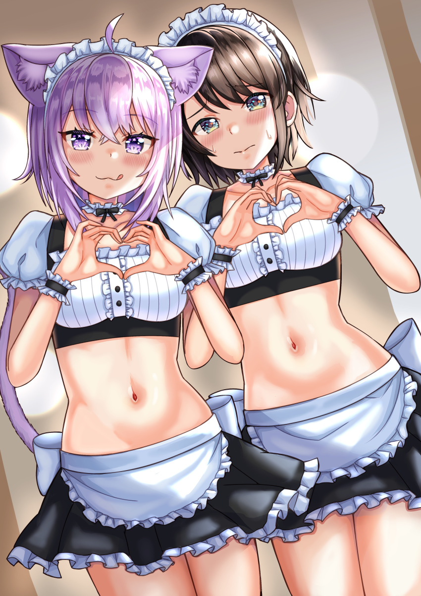 2girls 3: :3 :q absurdres ahoge alternate_costume animal_ear_fluff animal_ears apron back_bow bangs black_hair black_skirt blue_eyes blush bow breasts cat_ears cat_girl cat_tail closed_mouth collarbone cowboy_shot crop_top enmaided eyebrows_visible_through_hair frilled_apron frilled_skirt frilled_sleeves frills frown heart heart_hands highres hololive looking_at_viewer maid maid_headdress medium_breasts midriff miniskirt multiple_girls navel neck_garter nekomata_okayu nootomo oozora_subaru puffy_short_sleeves puffy_sleeves purple_hair short_hair short_sleeves skirt smile stomach sweat tail thighs tongue tongue_out violet_eyes virtual_youtuber waist_apron white_apron white_bow wrist_cuffs