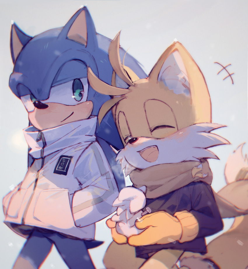 2boys ^_^ ^o^ absurdres animal_nose c52278 closed_eyes closed_mouth fox_boy friends furry gloves green_eyes hands_in_pockets highres jacket male_focus multiple_boys open_mouth scarf smile snow snowman sonic sonic_the_hedgehog symbol_commentary tail tails_(sonic) walking