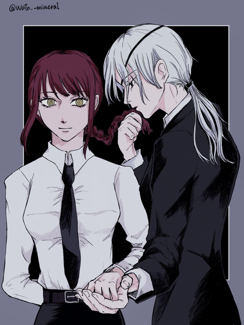 2girls arm_behind_back belt black_eyepatch black_eyes black_neckwear black_pants black_suit braid braided_ponytail breasts brown_hair business_suit chainsaw_man collared_shirt couple eyebrows_visible_through_hair formal hair_between_eyes highres holding_another's_hair holding_hands light_smile long_hair looking_at_viewer makima_(chainsaw_man) medium_breasts multiple_girls necktie open_mouth pants ponytail quanxi_(chainsaw_man) ringed_eyes romance shirt shirt_tucked_in silver_hair smelling_hair smile suit twitter_username wata_mineral white_shirt wife_and_wife yuri
