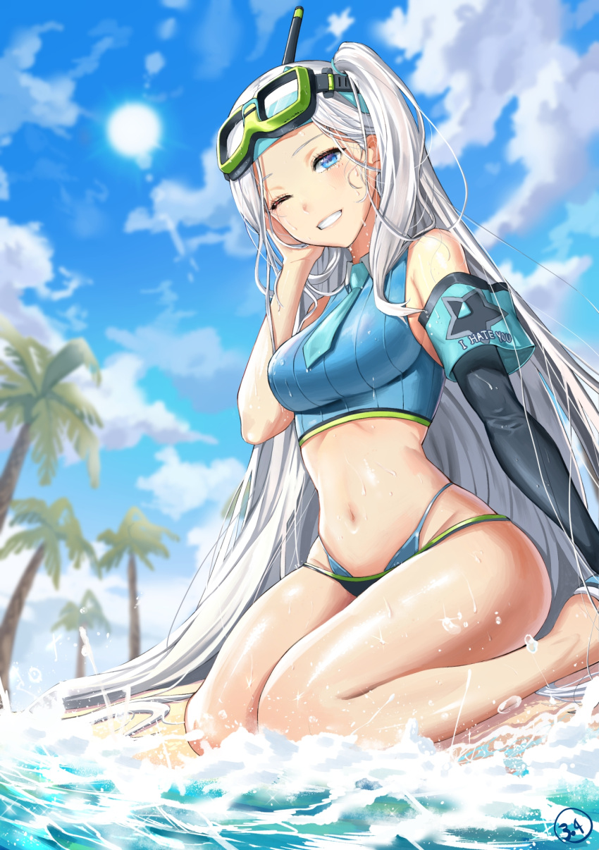 1girl 3.4 beach bikini blue_eyes blue_sky breasts day destiny_child elbow_gloves english_text gloves goggles goggles_on_head headband highres kneeling lisa_(destiny_child) long_hair looking_at_viewer navel necktie one_eye_closed palm_tree shiny shiny_skin side_ponytail signature silver_hair sky smile solo swimsuit tree very_long_hair water wet