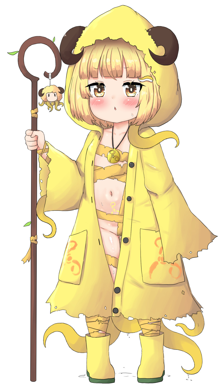 1girl absurdres bailingxiao_jiu bandages bangs blonde_hair blush boots brown_eyes chestnut_mouth collarbone cthulhu_mythos curled_horns eyebrows_visible_through_hair full_body groin hair_ornament hastur highres holding holding_staff hood hood_up hooded_robe horns horns_through_headwear navel open_clothes open_robe parted_lips personification robe simple_background solo staff standing tentacle_hair_ornament tentacles white_background yellow_footwear yellow_robe