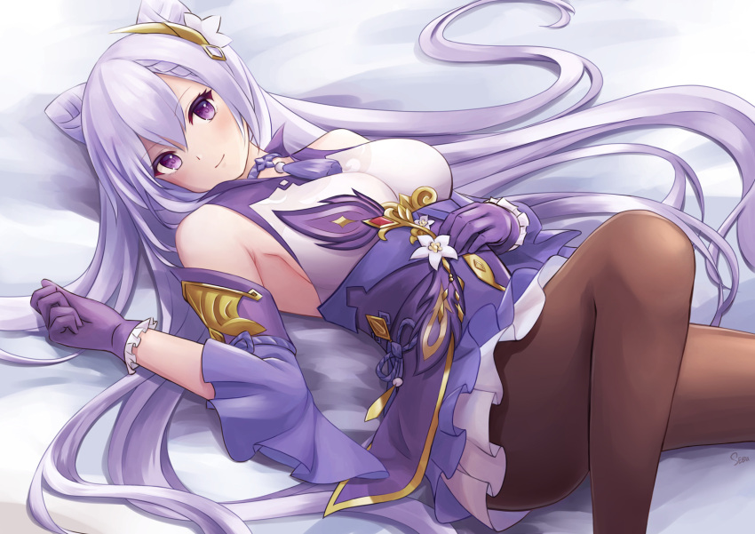 1girl animal_ears bed breasts cat_ears closed_mouth genshin_impact gloves highres keqing_(genshin_impact) long_hair looking_at_viewer lying medium_breasts on_back on_bed purple_hair sebu_illust smile solo thigh-highs twintails upper_body violet_eyes