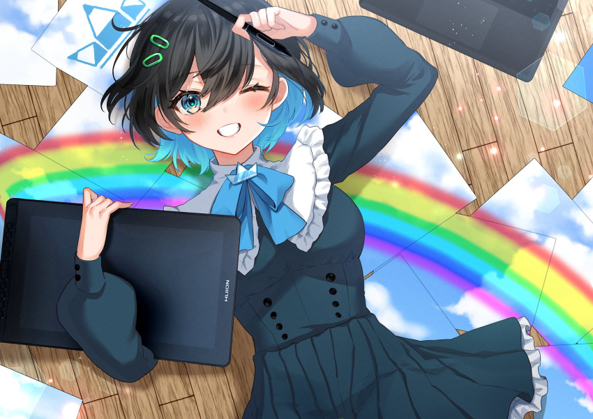 1girl arm_up bangs black_hair blue_bow blue_eyes blue_neckwear bow breasts commentary_request copyright_name drawing_tablet dress fingernails grin hair_between_eyes hair_ornament hairclip highres holding holding_stylus holding_tablet_pc huion kura_noi looking_at_viewer lying medium_breasts medium_hair on_back one_eye_closed rainbow smile solo stylus tablet_pc tagme teeth wooden_floor