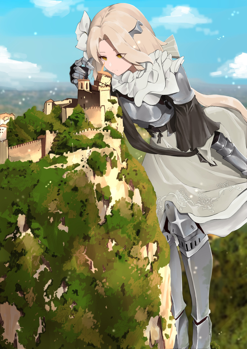 1girl absurdres armor armored_boots armored_dress artist_request aug_(girls_frontline) blonde_hair blue_sky boots breastplate cliff clouds commentary commission gauntlets giant giantess girls_frontline highres light_particles long_hair sky yellow_eyes