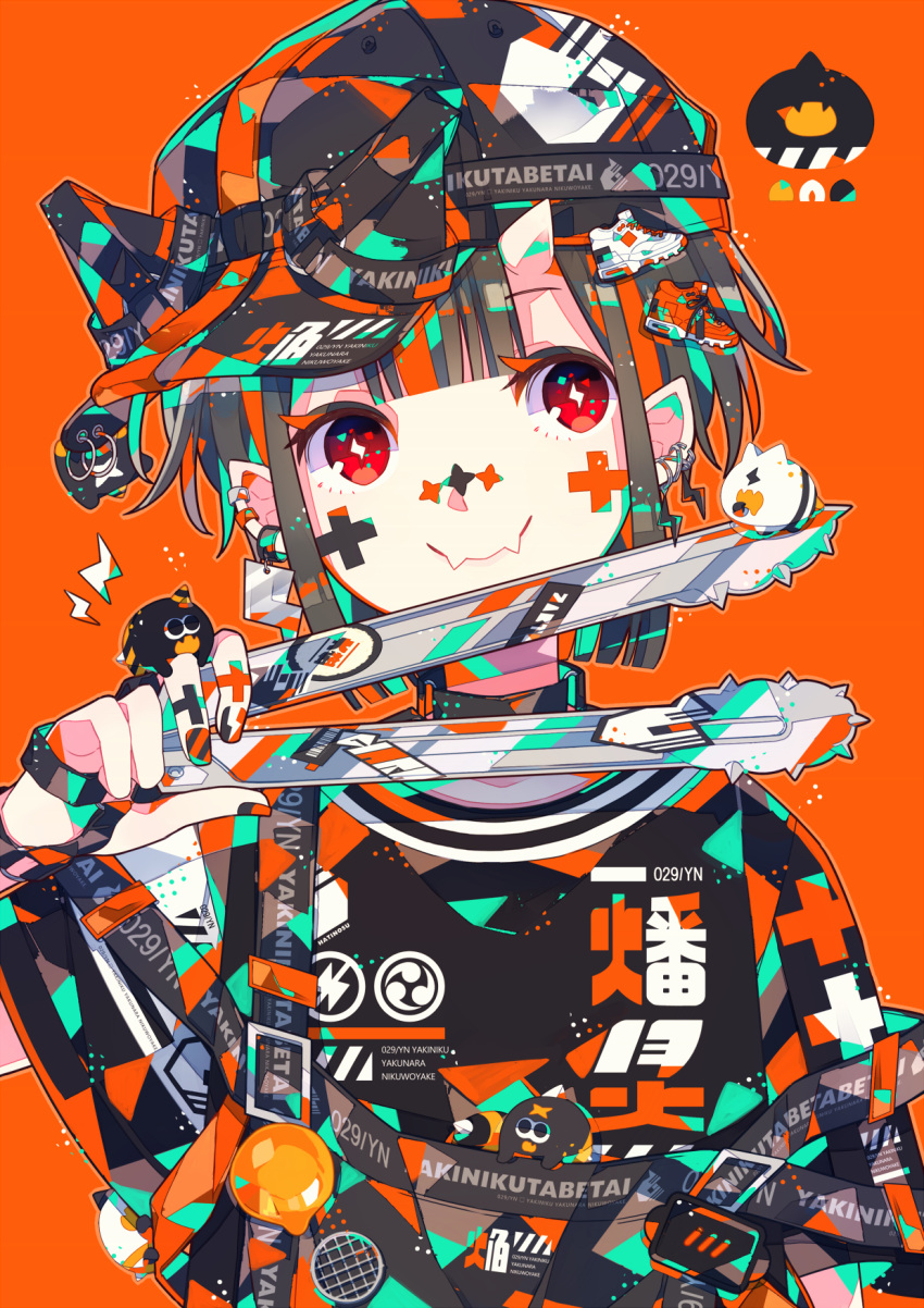 1girl bow brown_hair closed_mouth earrings fang fangs hair_ornament hat hat_bow hghrttm highres holding jewelry nail_polish oni orange_background orange_theme original pointy_ears red_eyes shoes skin_fang smile sneakers solo tongs