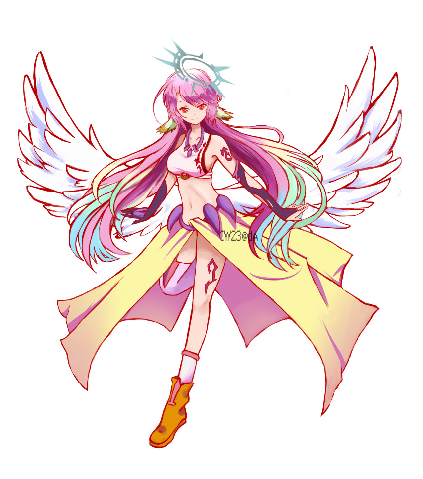 1girl absurdres angel_wings breasts brown_footwear elbow_gloves ella_zhao feathered_wings gloves halo highres jibril_(no_game_no_life) long_hair low_wings magic_circle midriff mismatched_legwear navel no_game_no_life outstretched_arms purple_hair red_eyes sideboob single_thighhigh small_breasts solo standing standing_on_one_leg thigh-highs thighs transparent_background very_long_hair watermark white_wings wing_ears wings