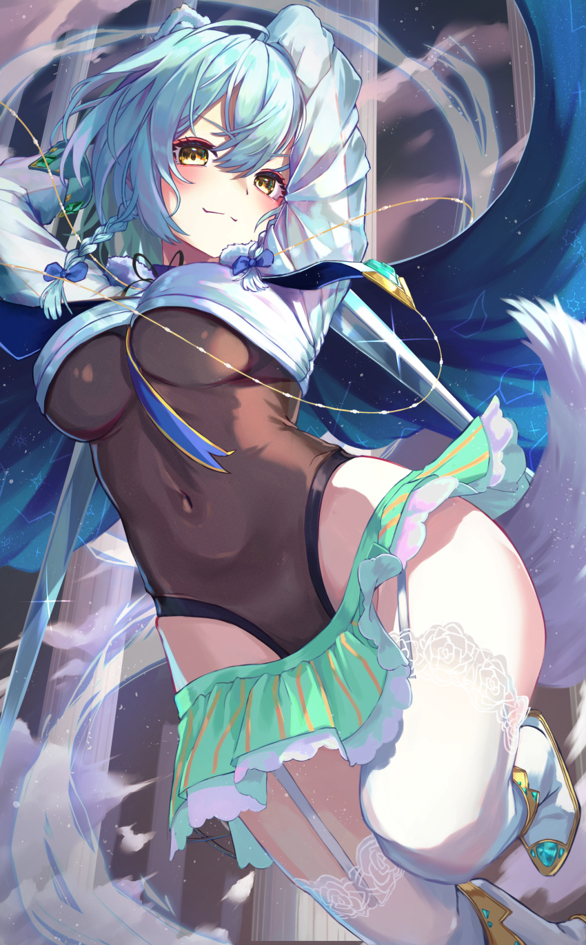 1girl absurdres arms_behind_head blue_bow blue_hair bodysuit bow braid breasts brown_bodysuit closed_mouth commentary_request covered_navel fox_girl fox_tail garter_straps hair_bow highres huge_filesize lavie_(pride_of_eden) looking_at_viewer medium_breasts red:_pride_of_eden roco_(rocoroco1115) short_hair smile solo tail thigh-highs twin_braids white_legwear yellow_eyes