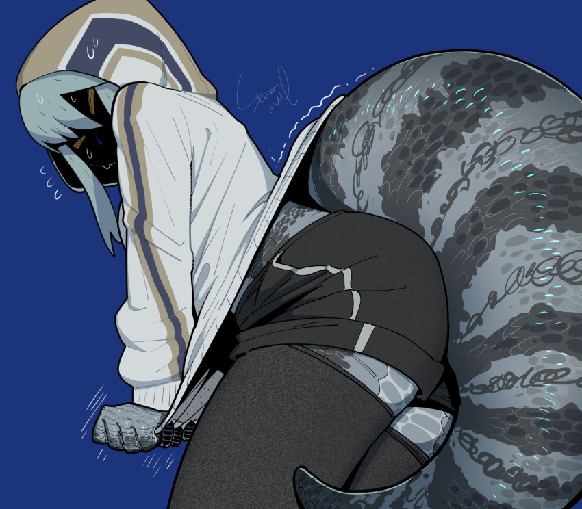 1girl =_= black_shorts blue-tongued_skink blue-tongued_skink_(sparrowl) blue_background claws colored_skin fine_fabric_emphasis flying_sweatdrops from_side grey_hair grey_legwear grey_skin gym_shorts highres hood hood_up hoodie hoodie_pull large_tail leaning_forward lizard_girl lizard_tail long_sleeves monster_girl multicolored multicolored_skin original scales shorts signature simple_background solo sparrowl standing struggling tail tail_lift thigh-highs trembling two-tone_skin undersized_clothes