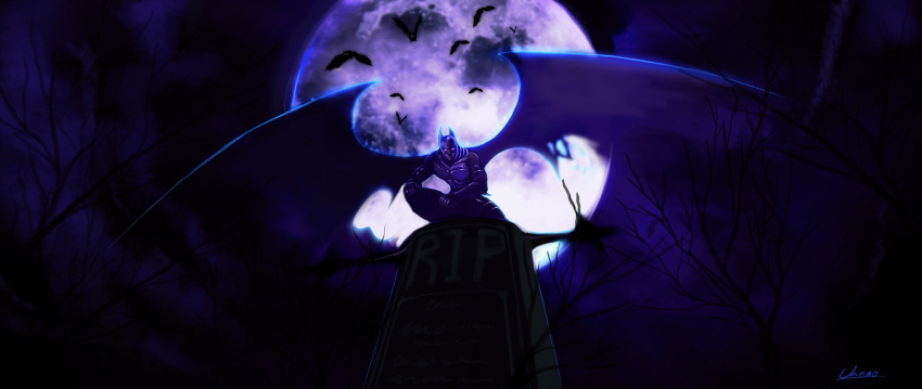 1boy arm_blade armor bare_tree bat bat_wings batman batman_(series) black_bodysuit bodysuit cape closed_mouth english_commentary full_body full_moon highres looking_at_viewer male_focus mask moon myungseop_lee night signature solo squatting superhero tombstone tree weapon wings
