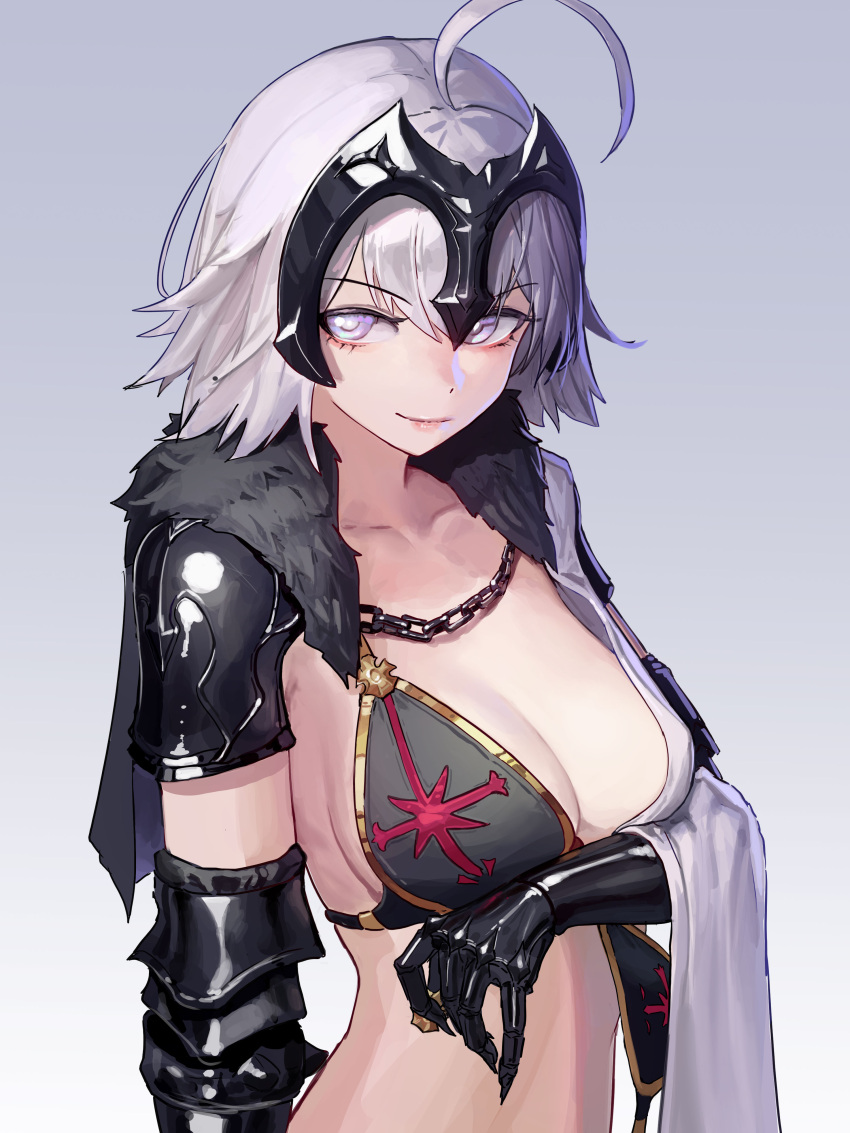 1girl absurdres ahoge armor bangs bra breasts chain collarbone eyebrows_visible_through_hair fate/grand_order fate_(series) fur_trim gauntlets grey_eyes headpiece highres jeanne_d'arc_(alter)_(fate) jeanne_d'arc_(fate)_(all) looking_at_viewer mac_star short_hair silver_hair simple_background solo underwear