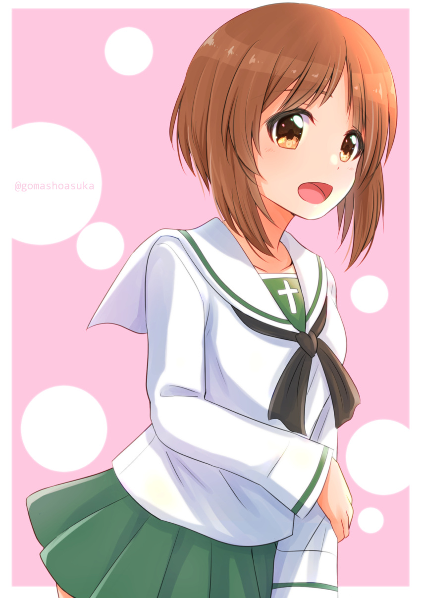 1girl arm_grab bangs black_neckwear blouse brown_eyes brown_hair commentary cowboy_shot girls_und_panzer gomashio_star green_skirt highres long_sleeves looking_at_viewer miniskirt neckerchief nishizumi_miho ooarai_school_uniform open_mouth outline pink_background pleated_skirt polka_dot polka_dot_background sailor_collar school_uniform serafuku short_hair skirt smile solo standing twitter_username white_blouse white_outline white_sailor_collar