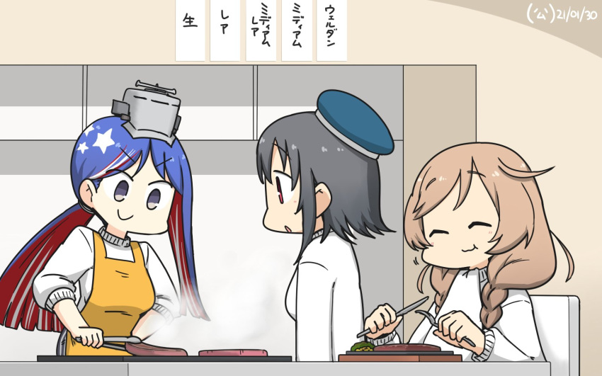 3girls alternate_costume alternate_hair_length alternate_hairstyle apron beret black_hair blue_hair blue_headwear braid closed_eyes commentary_request cooking dated fork hamu_koutarou hat headgear highres holding holding_knife hotplate kantai_collection knife light_brown_hair long_hair low_ponytail minegumo_(kantai_collection) multicolored_hair multiple_girls red_eyes redhead short_hair south_dakota_(kantai_collection) star_(symbol) sweater table_knife takao_(kantai_collection) twin_braids upper_body white_hair white_sweater yellow_apron