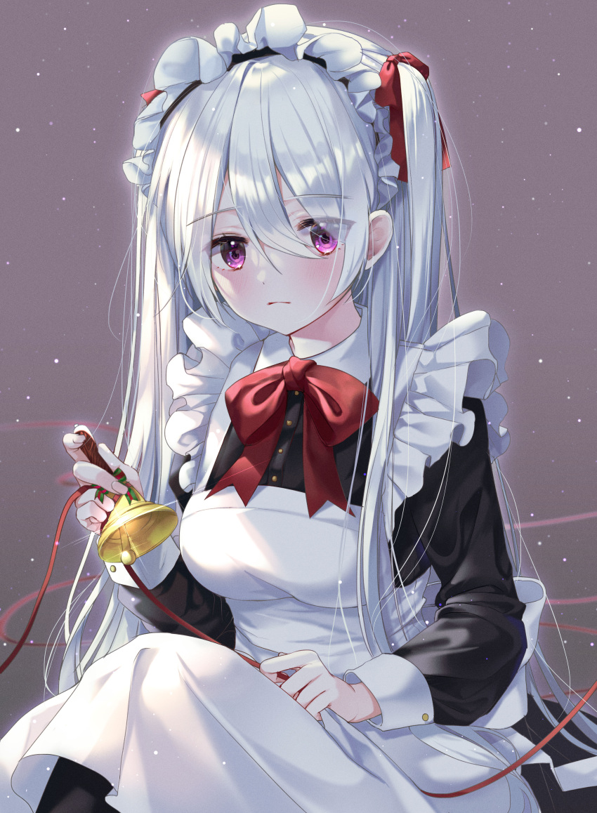 1girl absurdres apron bangs bell blush bow breasts closed_mouth eyebrows_visible_through_hair eyes_visible_through_hair frills hair_between_eyes hair_ornament hair_over_one_eye hair_ribbon hand_up highres holding holding_bell huge_filesize long_hair long_sleeves looking_at_viewer maid maid_headdress medium_breasts myowa original red_neckwear red_ribbon ribbon solo twintails violet_eyes white_hair