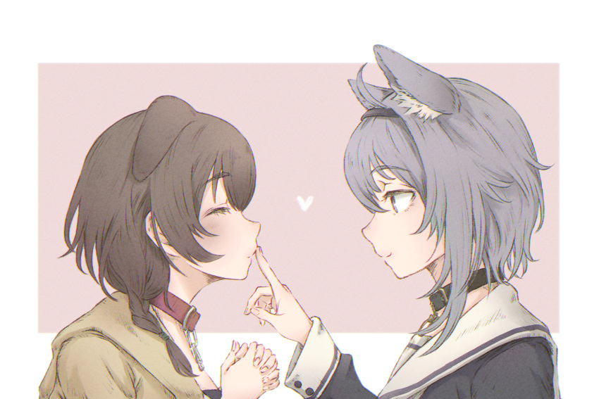 animal_ear_fluff animal_ears black_collar black_shirt braid brown_hair cat_ears closed_eyes closed_mouth collar commentary dog_ears eyebrows_visible_through_hair eyelashes finger_to_another's_mouth from_side hajime_wataru hands_clasped heart highres hololive index_finger_raised inugami_korone jacket long_sleeves looking_at_another medium_hair nekomata_okayu own_hands_together pink_background portrait profile puckered_lips purple_hair red_collar sailor_collar shirt side_braid simple_background smile violet_eyes virtual_youtuber white_background yellow_jacket yuri