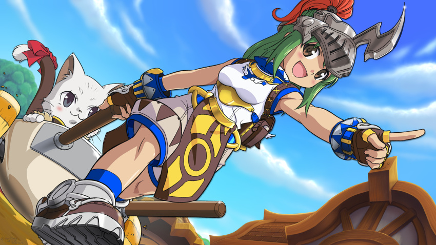 1girl :3 anime_coloring armored_shoes bangs blue_legwear blue_sky blush bow breasts brown_eyes brown_gloves cart cat clouds commentary_request dated day dutch_angle eyes_visible_through_hair fan_zhong fingerless_gloves full_body furry gloves green_eyes helmet highres house long_hair looking_at_viewer medium_breasts open_mouth outdoors pants pelvic_curtain plume pointing pointing_forward pouch ragnarok_online red_bow shirt signature sky sleeveless sleeveless_shirt socks summoner_(ragnarok_online) super_novice_(ragnarok_online) tail tail_bow tail_ornament tree visor_(armor) walking white_pants white_shirt
