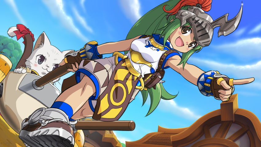 1girl :3 anime_coloring armored_shoes bangs blue_legwear blue_sky blush bow breasts brown_eyes brown_gloves cart cat clouds commentary_request dated day dutch_angle eyes_visible_through_hair fan_zhong fingerless_gloves full_body furry gloves green_eyes helmet highres house long_hair looking_at_viewer medium_breasts open_mouth outdoors pants pelvic_curtain plume pointing pointing_forward pouch ragnarok_online red_bow shirt signature sky sleeveless sleeveless_shirt socks summoner_(ragnarok_online) super_novice_(ragnarok_online) tail tail_bow tail_ornament tree very_long_hair visor_(armor) walking white_pants white_shirt