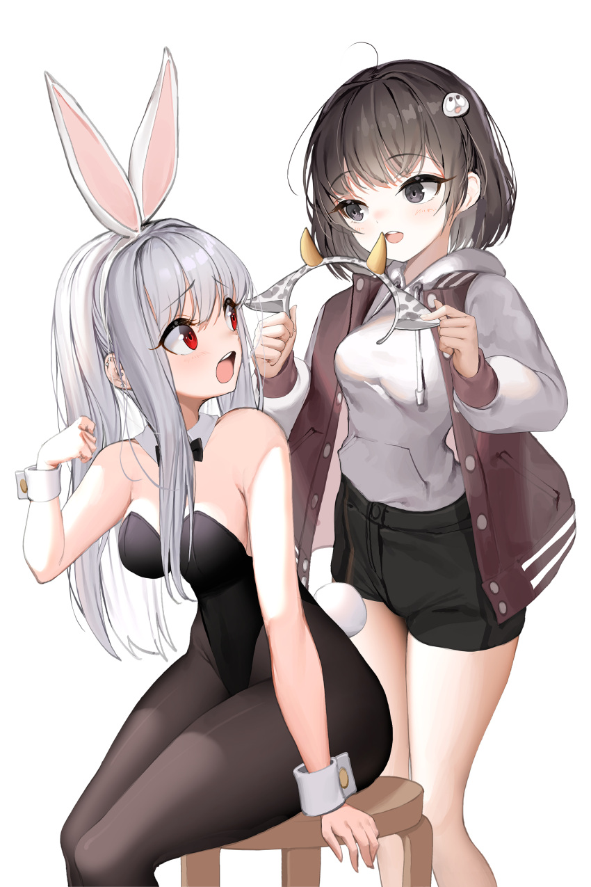 2girls :d absurdres animal_ears animal_print bangs bare_shoulders black_eyes black_hair black_legwear black_leotard black_neckwear black_shorts bow bowtie breasts brown_jacket bunny_tail collar commentary_request cow_ears cow_horns cow_print dduck_kong detached_collar eye_contact eyebrows_visible_through_hair fake_animal_ears fake_horns feet_out_of_frame hair_between_eyes hair_ornament hairband hand_up highres holding hood hood_down hoodie horns jacket leotard letterman_jacket long_hair looking_at_another looking_back medium_breasts multiple_girls open_clothes open_jacket open_mouth original pantyhose playboy_bunny rabbit_ears red_eyes short_shorts shorts silver_hair simple_background sitting smile standing stool strapless strapless_leotard tail upper_teeth very_long_hair white_background white_collar white_hairband white_hoodie wing_collar wrist_cuffs